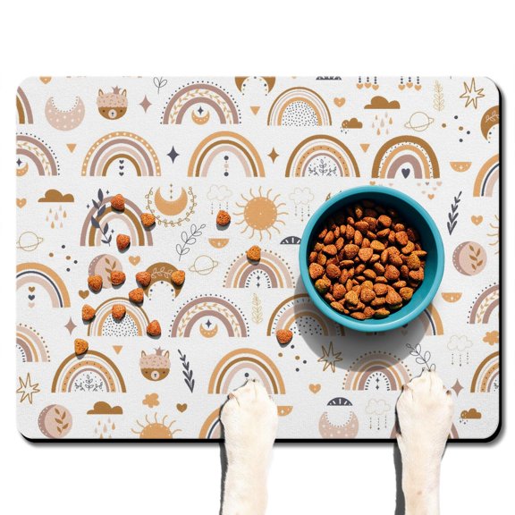 Boho Retro Floral Pet Feeding Mat-Abstract Art Geometric Absorbent Pet Placemat for Food and Water Bowl, with Waterproof Rubber Backing, Quick Dry Water Dispenser Mat for Dog and Cat (24"x32")