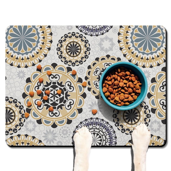 Boho Retro Floral Pet Feeding Mat-Abstract Art Geometric Absorbent Pet Placemat for Food and Water Bowl, with Waterproof Rubber Backing, Quick Dry Water Dispenser Mat for Dog and Cat (24"x32")
