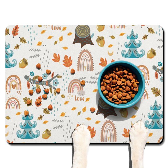 Boho Retro Floral Pet Feeding Mat-Abstract Art Geometric Absorbent Pet Placemat for Food and Water Bowl, with Waterproof Rubber Backing, Quick Dry Water Dispenser Mat for Dog and Cat (24"x32")