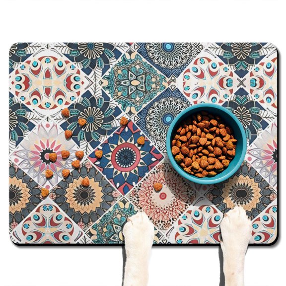Boho Retro Floral Pet Feeding Mat-Abstract Art Geometric Absorbent Pet Placemat for Food and Water Bowl, with Waterproof Rubber Backing, Quick Dry Water Dispenser Mat for Dog and Cat (24"x32")