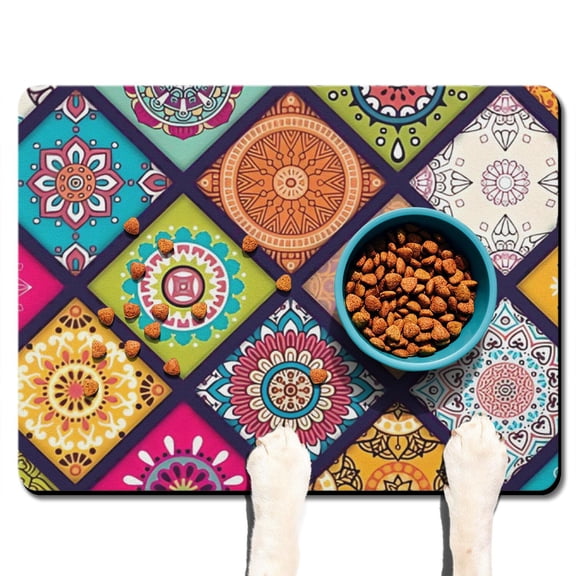 Boho Retro Floral Pet Feeding Mat-Abstract Art Geometric Absorbent Pet Placemat for Food and Water Bowl, with Waterproof Rubber Backing, Quick Dry Water Dispenser Mat for Dog and Cat (24"x32")