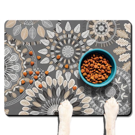 Boho Retro Floral Pet Feeding Mat-Abstract Art Geometric Absorbent Pet Placemat for Food and Water Bowl, with Waterproof Rubber Backing, Quick Dry Water Dispenser Mat for Dog and Cat (24"x32")