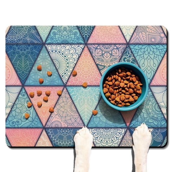 Boho Retro Floral Pet Feeding Mat-Abstract Art Geometric Absorbent Pet Placemat for Food and Water Bowl, with Waterproof Rubber Backing, Quick Dry Water Dispenser Mat for Dog and Cat (24"x32")