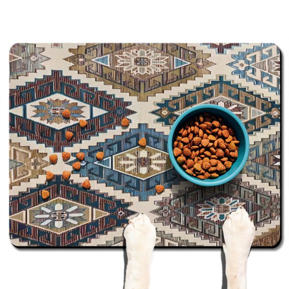 Boho Retro Floral Pet Feeding Mat-Abstract Art Geometric Absorbent Pet Placemat for Food and Water Bowl, with Waterproof Rubber Backing, Quick Dry Water Dispenser Mat for Dog and Cat (24"x32")