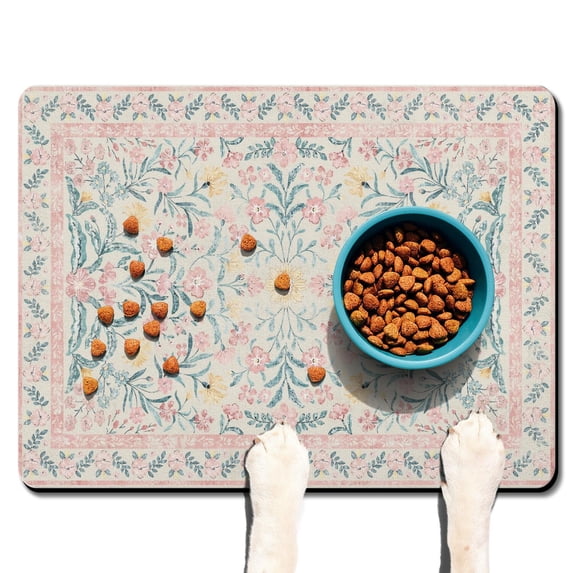 Boho Retro Floral Pet Feeding Mat-Abstract Art Geometric Absorbent Pet Placemat for Food and Water Bowl, with Waterproof Rubber Backing, Quick Dry Water Dispenser Mat for Dog and Cat (24"x32")