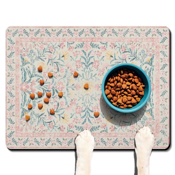 Boho Retro Floral Pet Feeding Mat-Abstract Art Geometric Absorbent Pet Placemat for Food and Water Bowl, with Waterproof Rubber Backing, Quick Dry Water Dispenser Mat for Dog and Cat (24"x32")