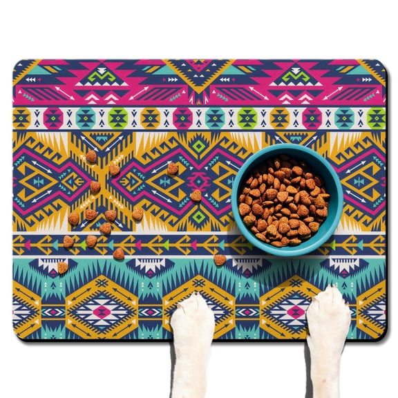 Boho Retro Floral Pet Feeding Mat-Abstract Art Geometric Absorbent Pet Placemat for Food and Water Bowl, with Waterproof Rubber Backing, Quick Dry Water Dispenser Mat for Dog and Cat (24"x32")