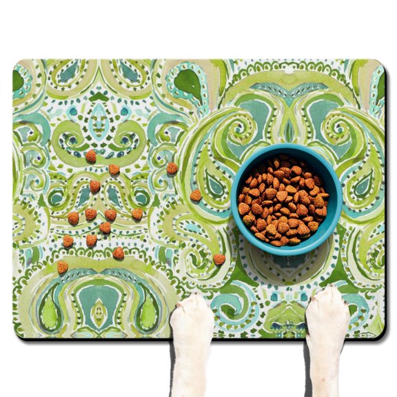 Boho Retro Floral Pet Feeding Mat-Abstract Art Geometric Absorbent Pet Placemat for Food and Water Bowl, with Waterproof Rubber Backing, Quick Dry Water Dispenser Mat for Dog and Cat (24"x32")