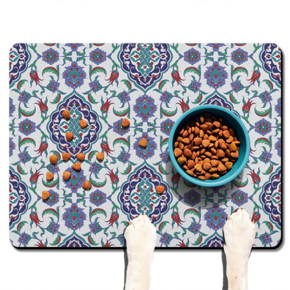 Boho Retro Floral Pet Feeding Mat-Abstract Art Geometric Absorbent Pet Placemat for Food and Water Bowl, with Waterproof Rubber Backing, Quick Dry Water Dispenser Mat for Dog and Cat (24"x32")