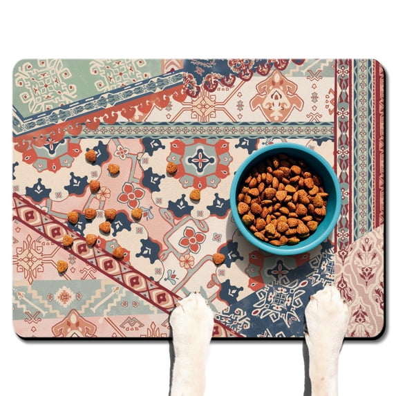 Boho Retro Floral Pet Feeding Mat-Abstract Art Geometric Absorbent Pet Placemat for Food and Water Bowl, with Waterproof Rubber Backing, Quick Dry Water Dispenser Mat for Dog and Cat (24"x32")