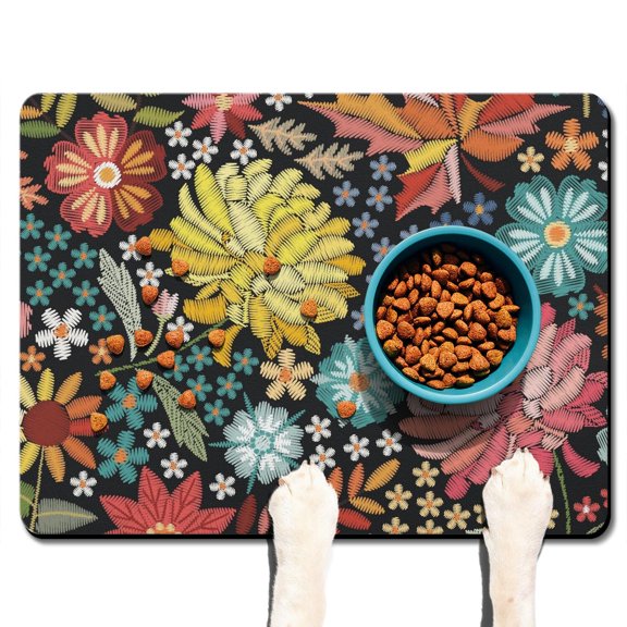 Boho Retro Floral Pet Feeding Mat-Abstract Art Geometric Absorbent Pet Placemat for Food and Water Bowl, with Waterproof Rubber Backing, Quick Dry Water Dispenser Mat for Dog and Cat (24"x32")