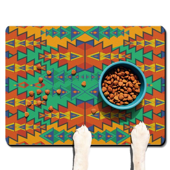 Boho Retro Floral Pet Feeding Mat-Abstract Art Geometric Absorbent Pet Placemat for Food and Water Bowl, with Waterproof Rubber Backing, Quick Dry Water Dispenser Mat for Dog and Cat (24"x32")