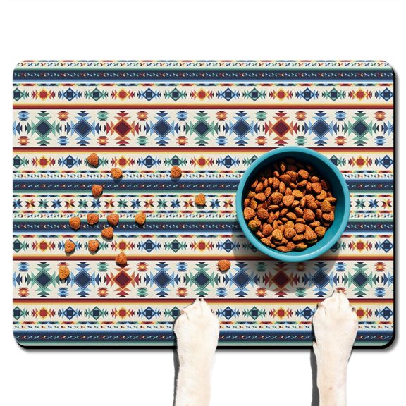 Boho Retro Floral Pet Feeding Mat-Abstract Art Geometric Absorbent Pet Placemat for Food and Water Bowl, with Waterproof Rubber Backing, Quick Dry Water Dispenser Mat for Dog and Cat (24"x32")