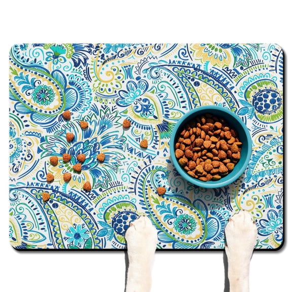 Boho Retro Floral Pet Feeding Mat-Abstract Art Geometric Absorbent Pet Placemat for Food and Water Bowl, with Waterproof Rubber Backing, Quick Dry Water Dispenser Mat for Dog and Cat (24"x32")