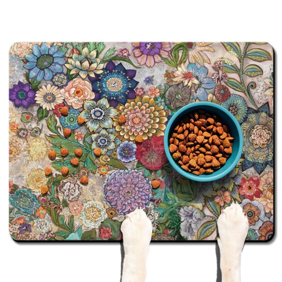 Boho Retro Floral Pet Feeding Mat-Abstract Art Geometric Absorbent Pet Placemat for Food and Water Bowl, with Waterproof Rubber Backing, Quick Dry Water Dispenser Mat for Dog and Cat (24"x32")