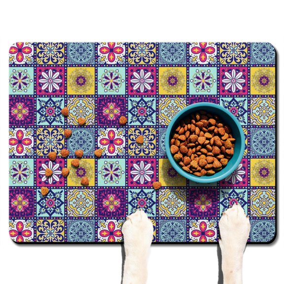 Boho Retro Floral Pet Feeding Mat-Abstract Art Geometric Absorbent Pet Placemat for Food and Water Bowl, with Waterproof Rubber Backing, Quick Dry Water Dispenser Mat for Dog and Cat (24"x32")