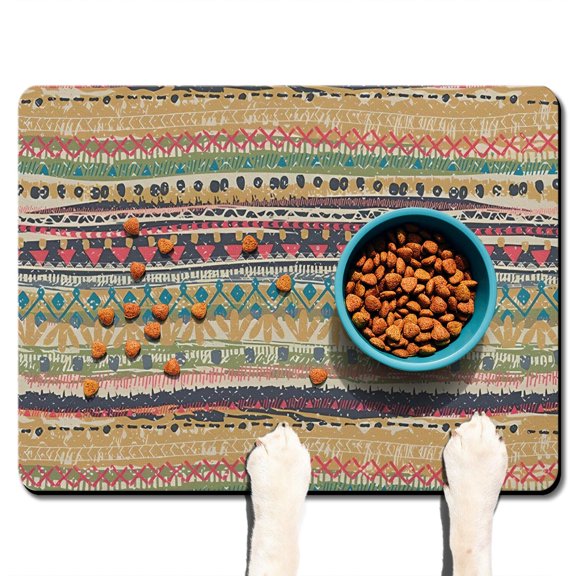 Boho Retro Floral Pet Feeding Mat-Abstract Art Geometric Absorbent Pet Placemat for Food and Water Bowl, with Waterproof Rubber Backing, Quick Dry Water Dispenser Mat for Dog and Cat (24"x32")