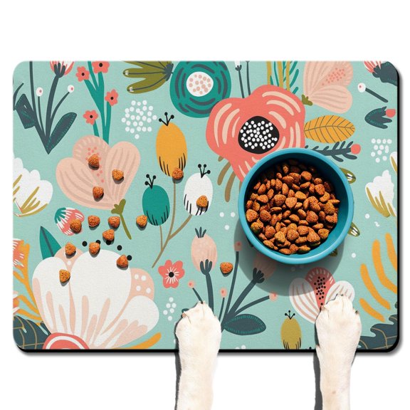 Boho Retro Floral Pet Feeding Mat-Abstract Art Geometric Absorbent Pet Placemat for Food and Water Bowl, with Waterproof Rubber Backing, Quick Dry Water Dispenser Mat for Dog and Cat (24"x32")