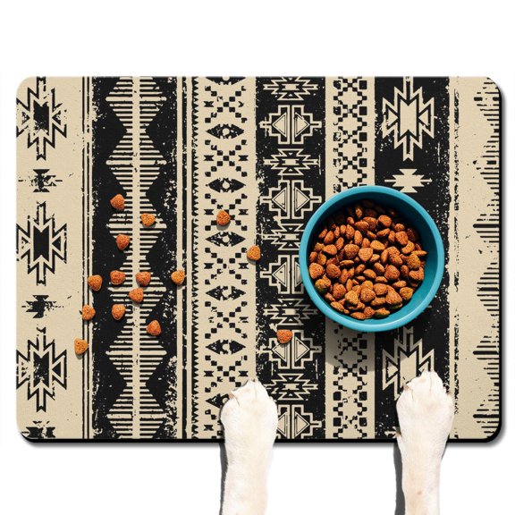 Boho Retro Floral Pet Feeding Mat-Abstract Art Geometric Absorbent Pet Placemat for Food and Water Bowl, with Waterproof Rubber Backing, Quick Dry Water Dispenser Mat for Dog and Cat (24"x32")