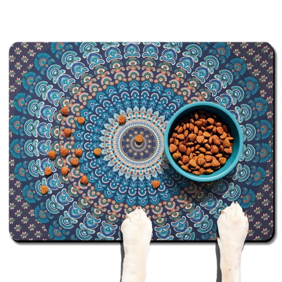 Boho Retro Floral Pet Feeding Mat-Abstract Art Geometric Absorbent Pet Placemat for Food and Water Bowl, with Waterproof Rubber Backing, Quick Dry Water Dispenser Mat for Dog and Cat (24"x32")
