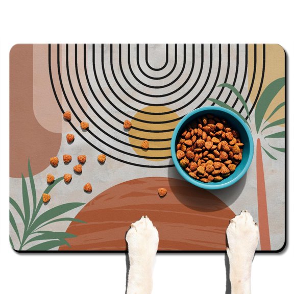 Boho Retro Floral Pet Feeding Mat-Abstract Art Geometric Absorbent Pet Placemat for Food and Water Bowl, with Waterproof Rubber Backing, Quick Dry Water Dispenser Mat for Dog and Cat (24"x32")