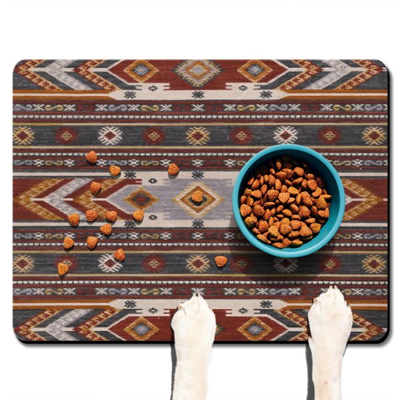 Boho Retro Floral Pet Feeding Mat-Abstract Art Geometric Absorbent Pet Placemat for Food and Water Bowl, with Waterproof Rubber Backing, Quick Dry Water Dispenser Mat for Dog and Cat (24"x32")