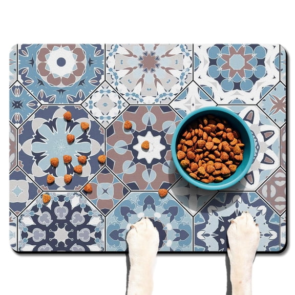 Boho Retro Floral Pet Feeding Mat-Abstract Art Geometric Absorbent Pet Placemat for Food and Water Bowl, with Waterproof Rubber Backing, Quick Dry Water Dispenser Mat for Dog and Cat (24"x32")