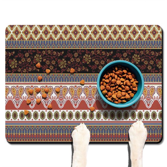 Boho Retro Floral Pet Feeding Mat-Abstract Art Geometric Absorbent Pet Placemat for Food and Water Bowl, with Waterproof Rubber Backing, Quick Dry Water Dispenser Mat for Dog and Cat (24"x32")