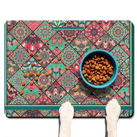 Boho Retro Floral Pet Feeding Mat-Abstract Art Geometric Absorbent Pet Placemat for Food and Water Bowl, with Waterproof Rubber Backing, Quick Dry Water Dispenser Mat for Dog and Cat (24"x32")