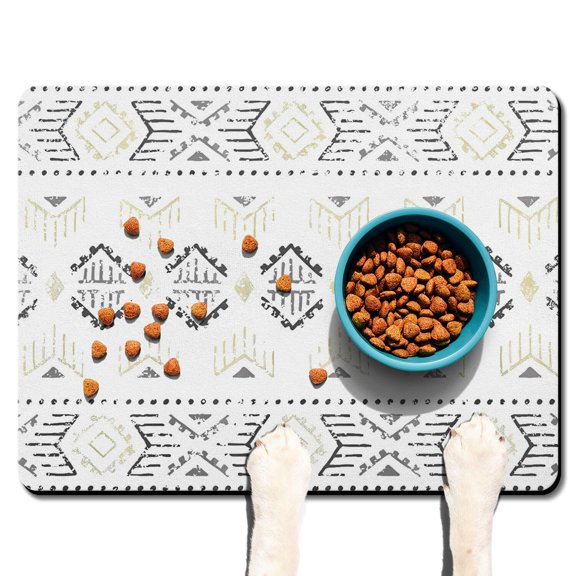 Boho Retro Floral Pet Feeding Mat-Abstract Art Geometric Absorbent Pet Placemat for Food and Water Bowl, with Waterproof Rubber Backing, Quick Dry Water Dispenser Mat for Dog and Cat (24"x32")