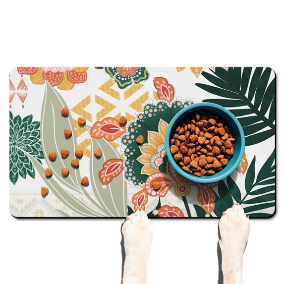 Boho Retro Floral Pet Feeding Mat-Abstract Art Pattern Absorbent Pet Placemat for Food and Water Bowl, with Waterproof Rubber Backing, Quick Dry Water Dispenser Mat for Dog and Cat (17"x30")