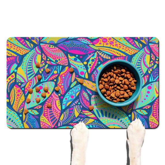 Boho Retro Floral Pet Feeding Mat-Abstract Art Pattern Absorbent Pet Placemat for Food and Water Bowl, with Waterproof Rubber Backing, Quick Dry Water Dispenser Mat for Dog and Cat (12"x20")