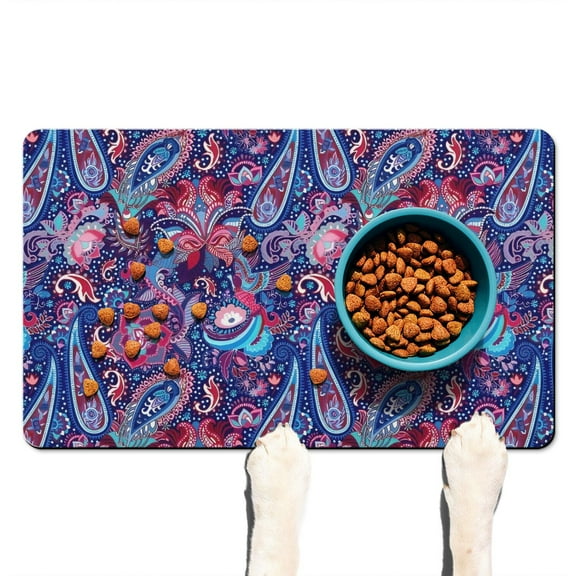 Boho Retro Floral Pet Feeding Mat-Abstract Art Pattern Absorbent Pet Placemat for Food and Water Bowl, with Waterproof Rubber Backing, Quick Dry Water Dispenser Mat for Dog and Cat (12"x20")