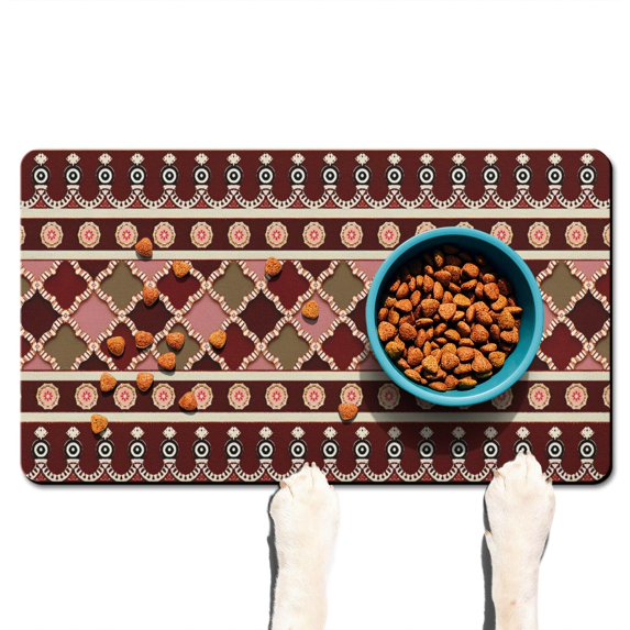 Boho Retro Floral Pet Feeding Mat-Abstract Art Pattern Absorbent Pet Placemat for Food and Water Bowl, with Waterproof Rubber Backing, Quick Dry Water Dispenser Mat for Dog and Cat (17"x30")