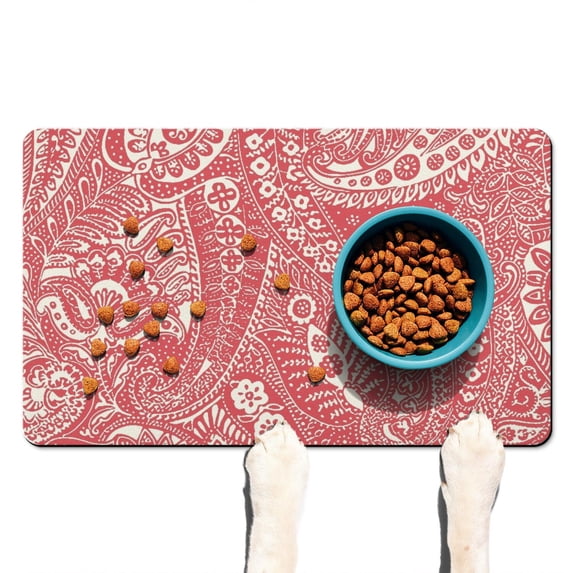 Boho Retro Floral Pet Feeding Mat-Abstract Art Pattern Absorbent Pet Placemat for Food and Water Bowl, with Waterproof Rubber Backing, Quick Dry Water Dispenser Mat for Dog and Cat (12"x20")