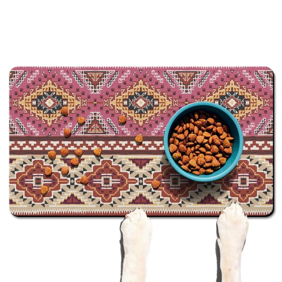 Boho Retro Floral Pet Feeding Mat-Abstract Art Pattern Absorbent Pet Placemat for Food and Water Bowl, with Waterproof Rubber Backing, Quick Dry Water Dispenser Mat for Dog and Cat (17"x30")