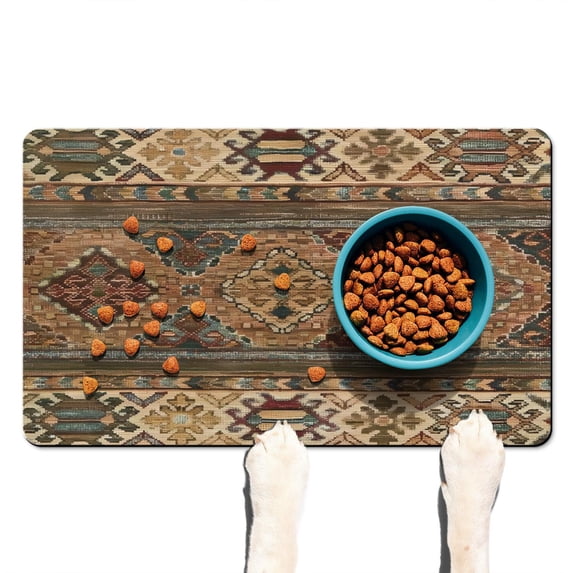Boho Retro Floral Pet Feeding Mat-Abstract Art Pattern Absorbent Pet Placemat for Food and Water Bowl, with Waterproof Rubber Backing, Quick Dry Water Dispenser Mat for Dog and Cat (12"x20")