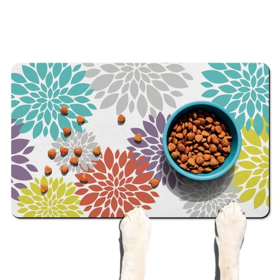 Boho Retro Floral Pet Feeding Mat-Abstract Art Pattern Absorbent Pet Placemat for Food and Water Bowl, with Waterproof Rubber Backing, Quick Dry Water Dispenser Mat for Dog and Cat (12"x20")