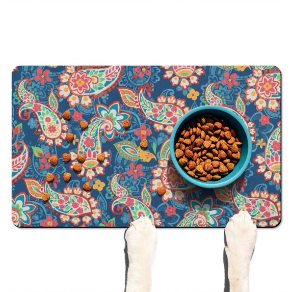 Boho Retro Floral Pet Feeding Mat-Abstract Art Pattern Absorbent Pet Placemat for Food and Water Bowl, with Waterproof Rubber Backing, Quick Dry Water Dispenser Mat for Dog and Cat (12"x20")