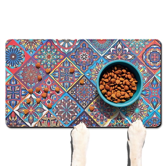 Boho Retro Floral Pet Feeding Mat-Abstract Art Pattern Absorbent Pet Placemat for Food and Water Bowl, with Waterproof Rubber Backing, Quick Dry Water Dispenser Mat for Dog and Cat (17"x30")