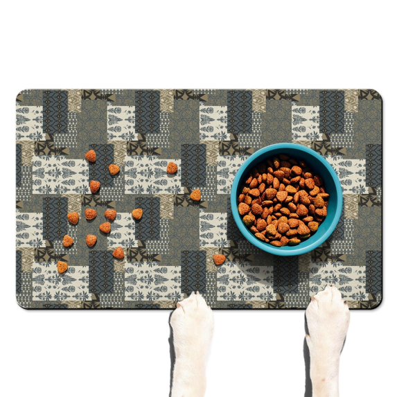 Boho Retro Floral Pet Feeding Mat-Abstract Art Pattern Absorbent Pet Placemat for Food and Water Bowl, with Waterproof Rubber Backing, Quick Dry Water Dispenser Mat for Dog and Cat (12"x20")