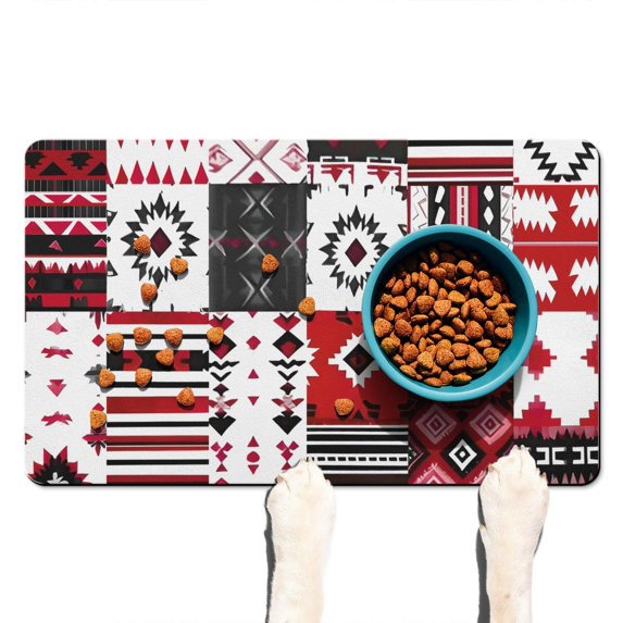 Boho Retro Floral Pet Feeding Mat-Abstract Art Pattern Absorbent Pet Placemat for Food and Water Bowl, with Waterproof Rubber Backing, Quick Dry Water Dispenser Mat for Dog and Cat (12"x20")