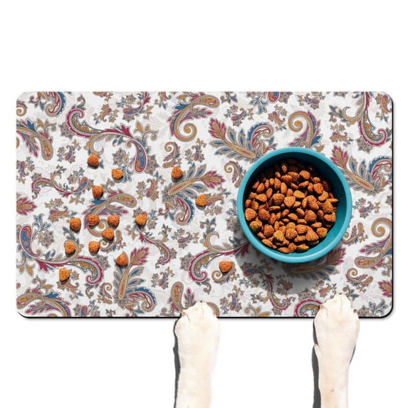 Boho Retro Floral Pet Feeding Mat-Abstract Art Pattern Absorbent Pet Placemat for Food and Water Bowl, with Waterproof Rubber Backing, Quick Dry Water Dispenser Mat for Dog and Cat (12"x20")