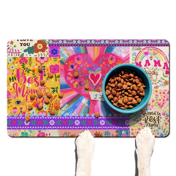 Boho Retro Floral Pet Feeding Mat-Abstract Art Pattern Absorbent Pet Placemat for Food and Water Bowl, with Waterproof Rubber Backing, Quick Dry Water Dispenser Mat for Dog and Cat (12"x20")