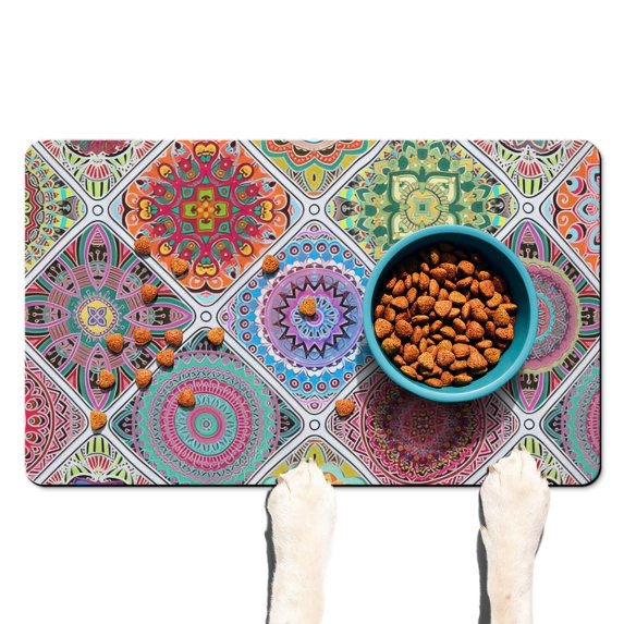 Boho Retro Floral Pet Feeding Mat-Abstract Art Pattern Absorbent Pet Placemat for Food and Water Bowl, with Waterproof Rubber Backing, Quick Dry Water Dispenser Mat for Dog and Cat (12"x20")