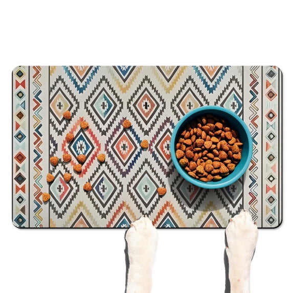 Boho Retro Floral Pet Feeding Mat-Abstract Art Pattern Absorbent Pet Placemat for Food and Water Bowl, with Waterproof Rubber Backing, Quick Dry Water Dispenser Mat for Dog and Cat (12"x20")
