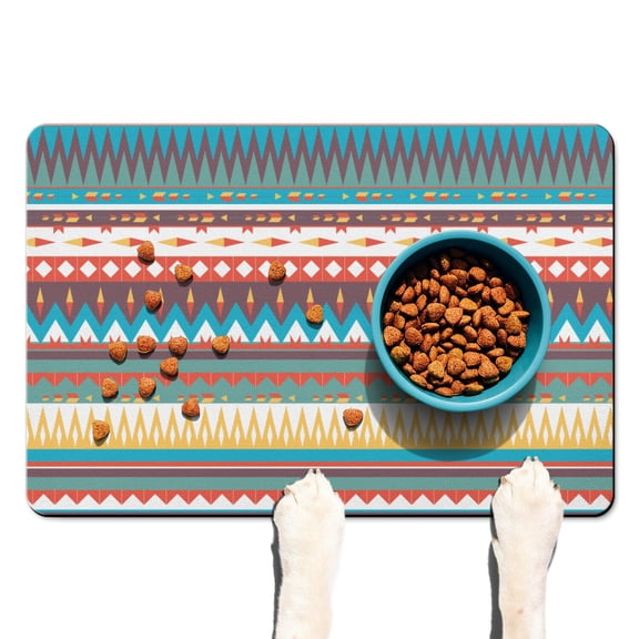 Boho Retro Floral Pet Feeding Mat-Abstract Geometric Absorbent Pet Placemat for Food and Water Bowl, with Waterproof Rubber Backing, Quick Dry Water Dispenser Mat for Dog and Cat (16"x24")