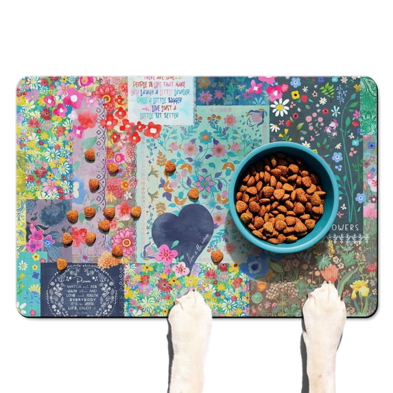 Boho Retro Floral Pet Feeding Mat-Colorful Floral Absorbent Pet Placemat for Food and Water Bowl, with Waterproof Rubber Backing, Quick Dry Water Dispenser Mat for Dog and Cat (16"x24")