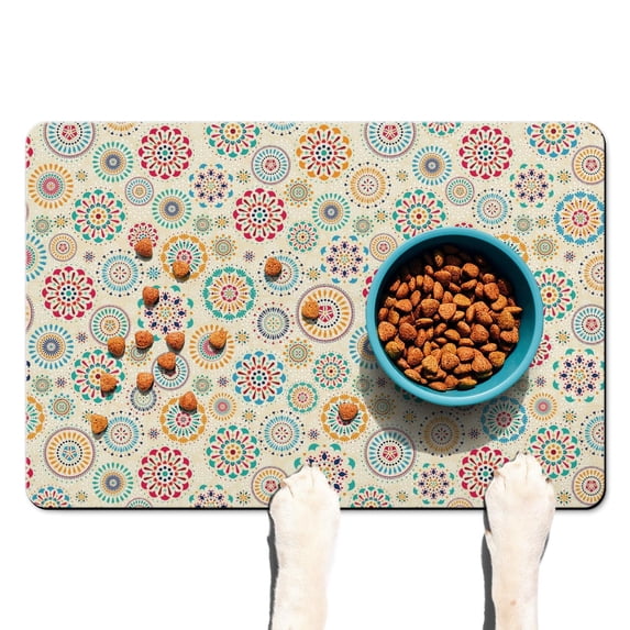 Boho Retro Floral Pet Feeding Mat-Colorful Floral Absorbent Pet Placemat for Food and Water Bowl, with Waterproof Rubber Backing, Quick Dry Water Dispenser Mat for Dog and Cat (16"x24")