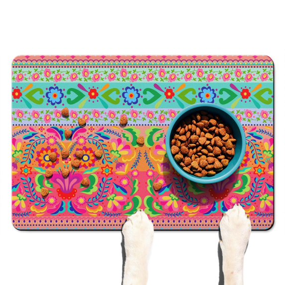 Boho Retro Floral Pet Feeding Mat-Colorful Floral Absorbent Pet Placemat for Food and Water Bowl, with Waterproof Rubber Backing, Quick Dry Water Dispenser Mat for Dog and Cat (16"x24")